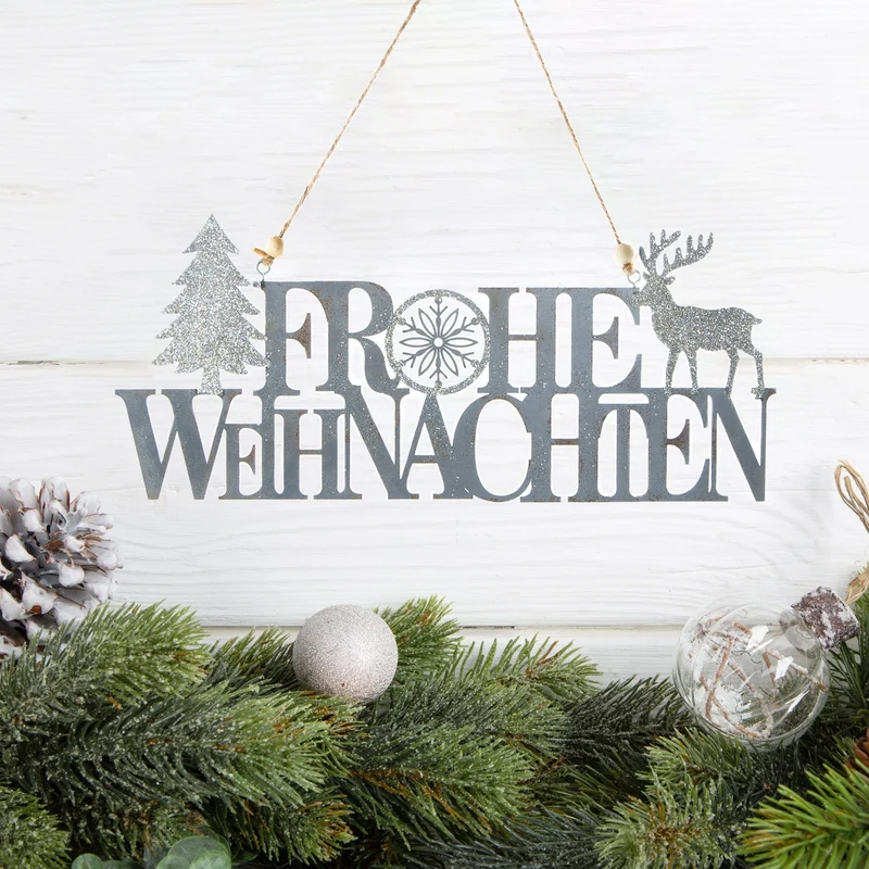 Türschild Frohe Weihnachten grau Silber glitzernd - für Türe & Wand