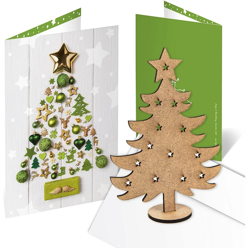 10 Weihnachtskarten DIN A6 Klappkarten mit Umschlag – innen blanko mit Mini-Weihnachtsbaum aus Holz