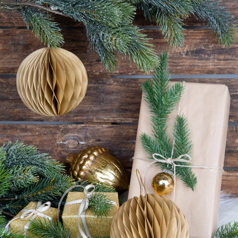5 goldfarbene Papier Weihnachtskugeln zum Aufhängen