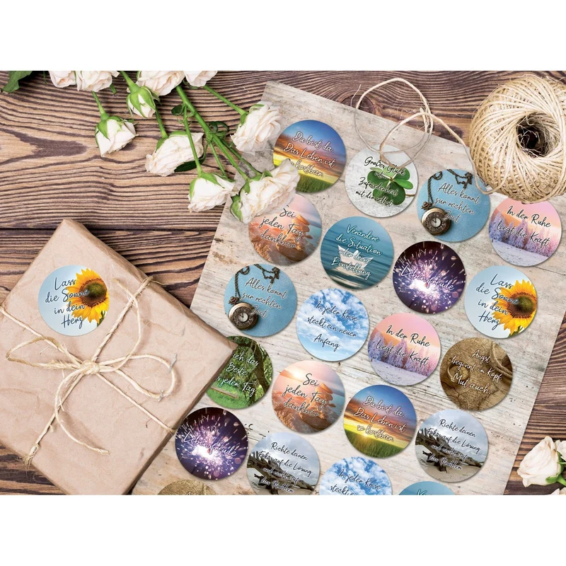 Logbuch-Verlag 24 Sprüche Aufkleber Glück Freude Herz Liebe Freude Angst Zukunft Dankbarkeit Achtsamkeit rund 4 cm Fotomotive