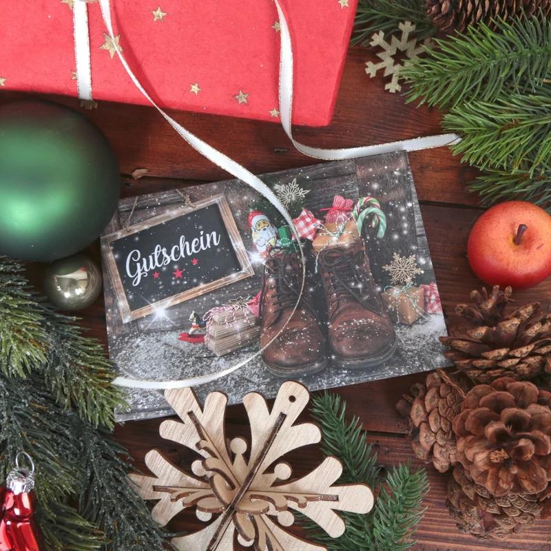 10 Stück Weihnachtsgutschein SCHUHE rot grün braun vintage Gutschein weihnachtlich für Kunden Mitarbeiter Freunde als Geschenk zu Weihnachten MIT KUVERT B6 zum Aufklappen