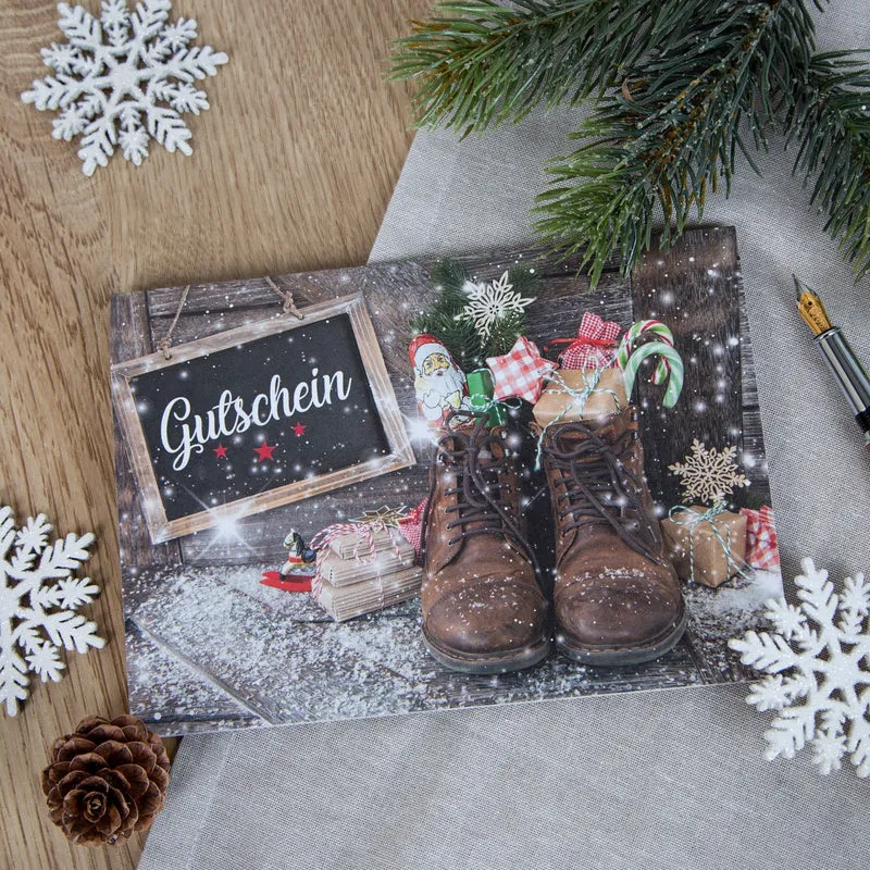10 Stück Weihnachtsgutschein SCHUHE rot grün braun vintage Gutschein weihnachtlich für Kunden Mitarbeiter Freunde als Geschenk zu Weihnachten MIT KUVERT B6 zum Aufklappen