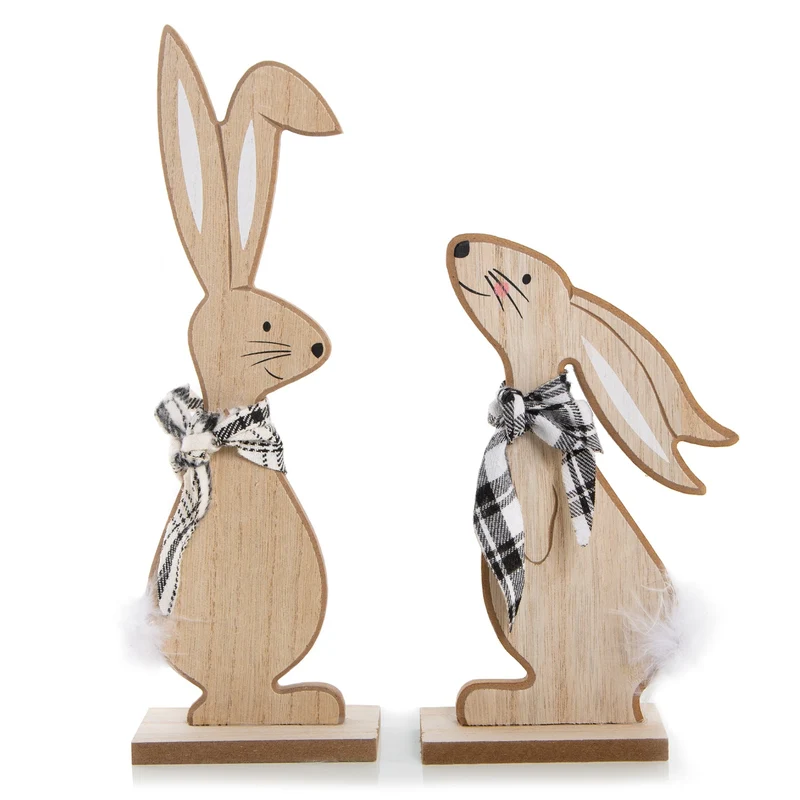 2 Hasen Figuren aus Holz Natur schwarz weiß - Osterhasen Paar