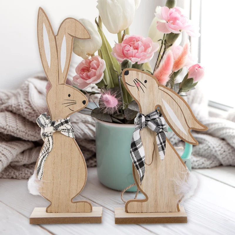 2 Hasen Figuren aus Holz Natur schwarz weiß - Osterhasen Paar
