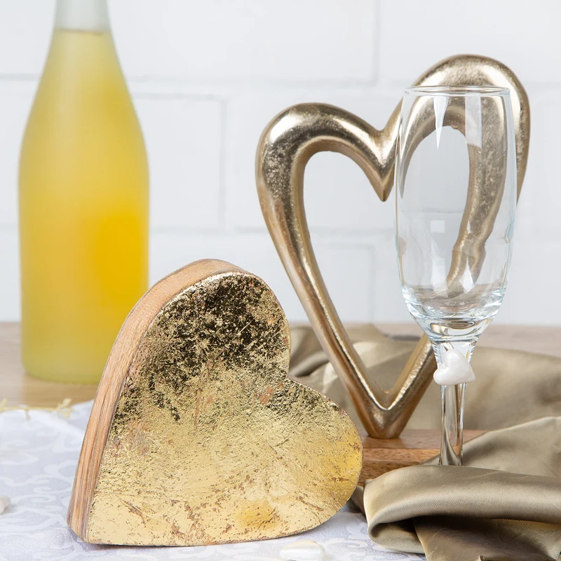 Herz Dekofigur 23 cm Gold braun aus Holz & Metall - zum Hinstellen