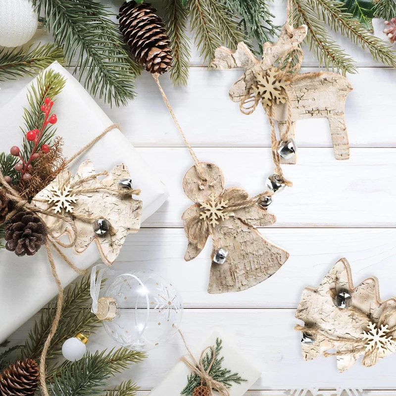 6 Weihnachtsanhänger mit Birkenrinde Rentier + Engel + Baum 10 cm natur