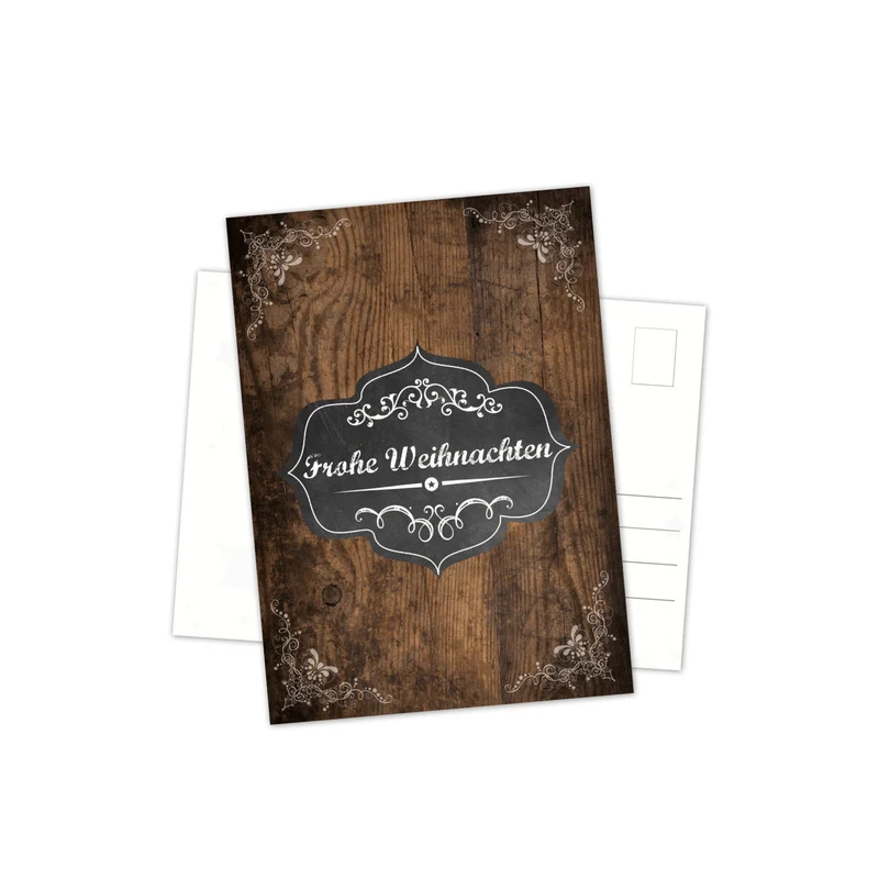 Weihnachtspostkarten DIN A6 hoch – Holzoptik dunkelbraun mit „Frohe Weihnachten“