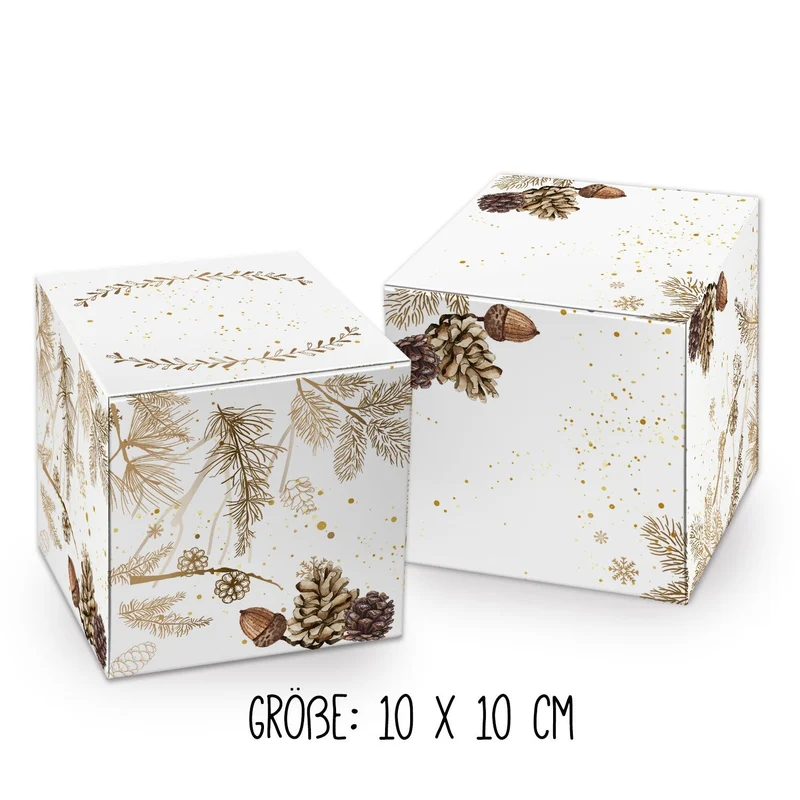15 weihnachtliche Geschenkboxen weiß-gold-schwarz im Set, drei Designs in zwei Größen