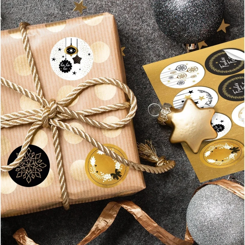 Logbuch-Verlag 24 Weihnachtsaufkleber schwarz weiß gold - Frohe Weihnachten Sticker rund selbstklebend 4 cm