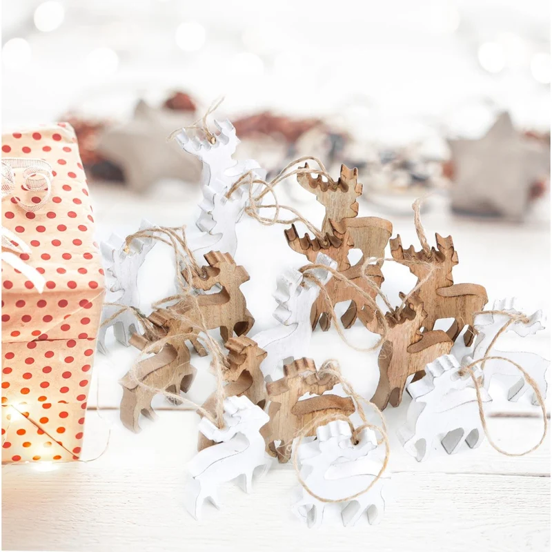 16 Rentiere zum Aufhängen braun weiß aus Holz - als Weihnachtsdeko