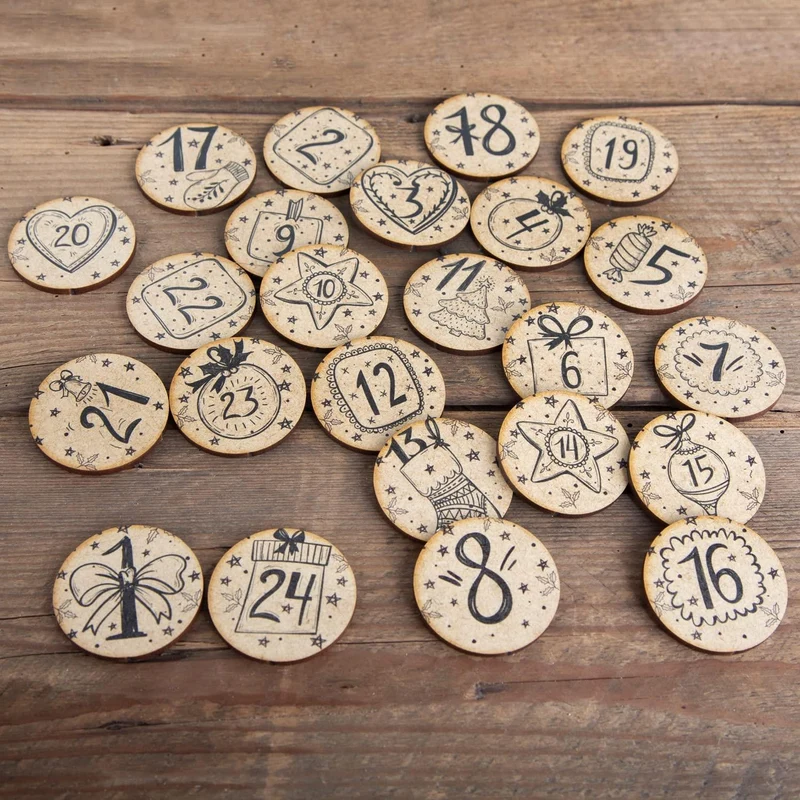 24 Adventskalender Zahlen Holz Scheiben natur schwarz vintage
