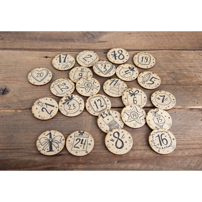 24 Adventskalender Zahlen Holz Scheiben natur schwarz vintage