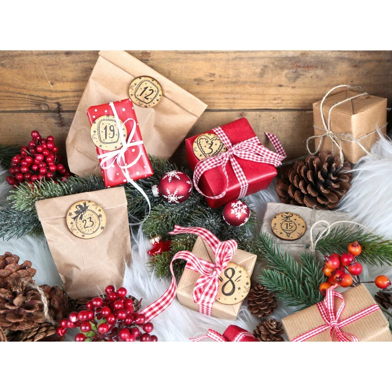 24 Adventskalender Zahlen Holz Scheiben natur schwarz vintage