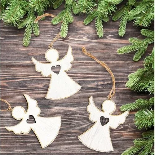 10 Weihnachtsanhänger Engel m. Herz Holz weiß Gold Glitzer Geschenkanhänger 7 cm