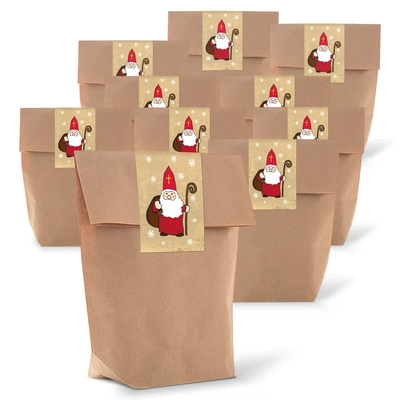 Kraftpapiertüten mit Boden 14 x 22 x 5,6 cm mit Aufkleber „Heiliger Nikolaus“ rot-weiß
