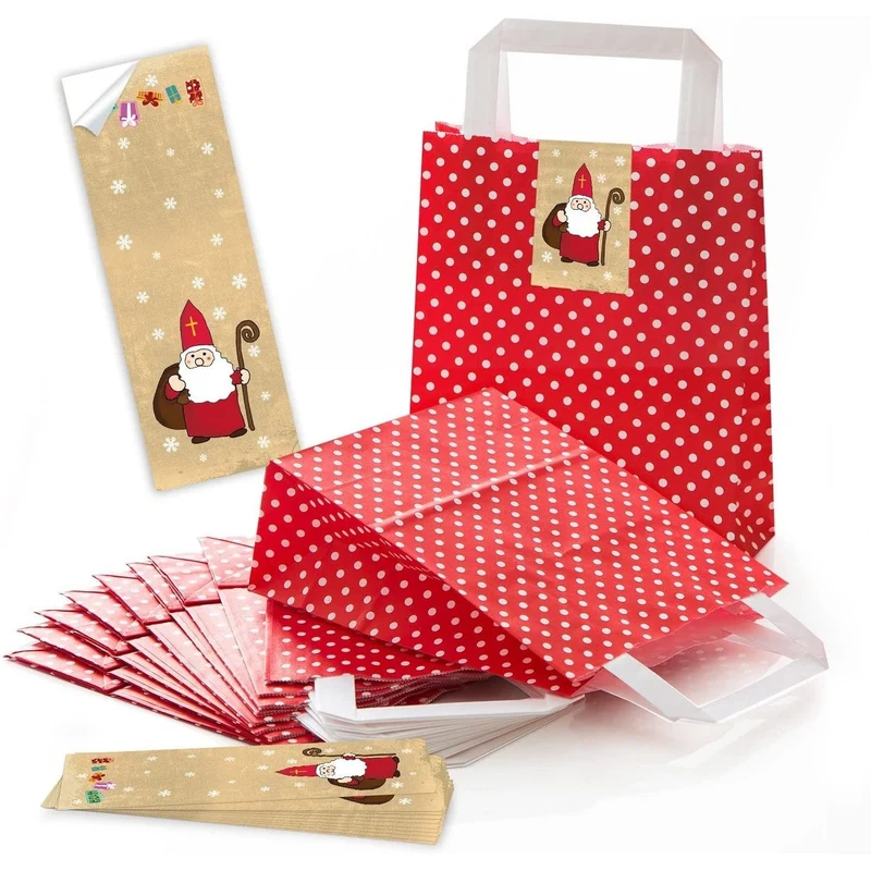 Rot-weiß gepunktete Henkeltüten 18 x 8 x 22 cm mit Weihnachtsbanderole „Heiliger Nikolaus“