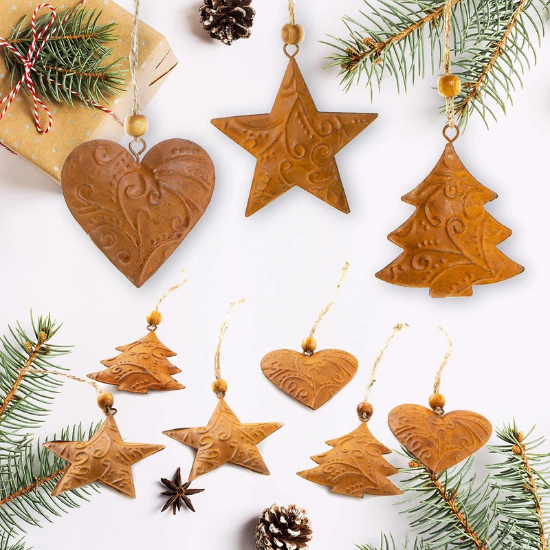 9 rostbraune Weihnachtsanhänger Herz + Stern + Baum - Christbaumschmuck aus Metall Rost