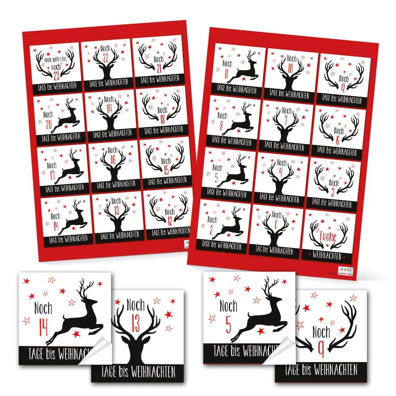 Adventskalenderzahlen Set - 4 x 24 Aufkleber zum Basteln von DIY Adventskalendern