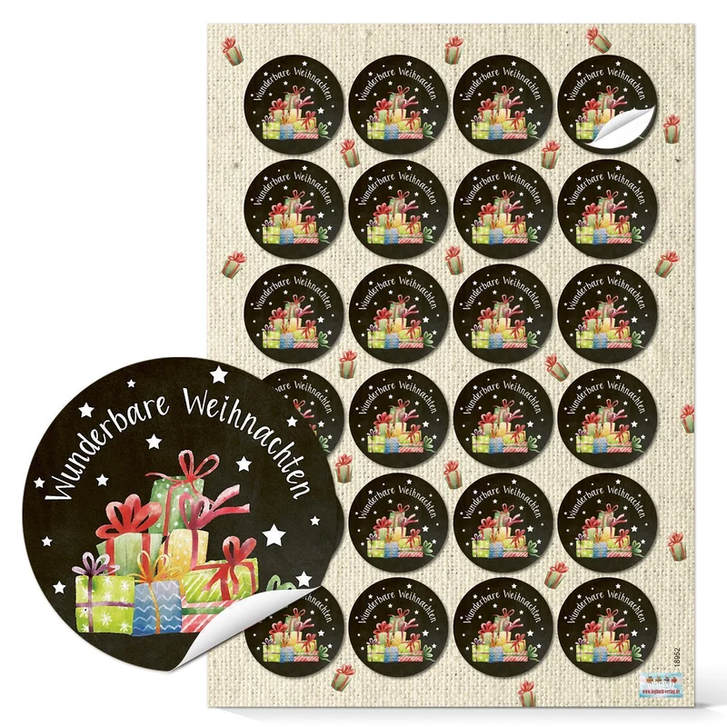 SET 3 x 24 Weihnachtsaufkleber selbstklebend rund 4 cm schwarz bunt