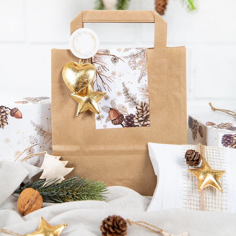Weihnachtsbanderole Zweige und Zapfen weiß braun gold 7,2 x 21 cm