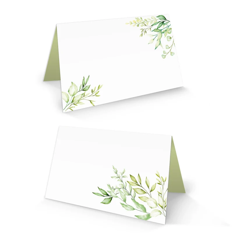 Tischkarten weiß-grün mit Eukalyptus-Ranken für die Hochzeit 8,5 × 5,5 cm