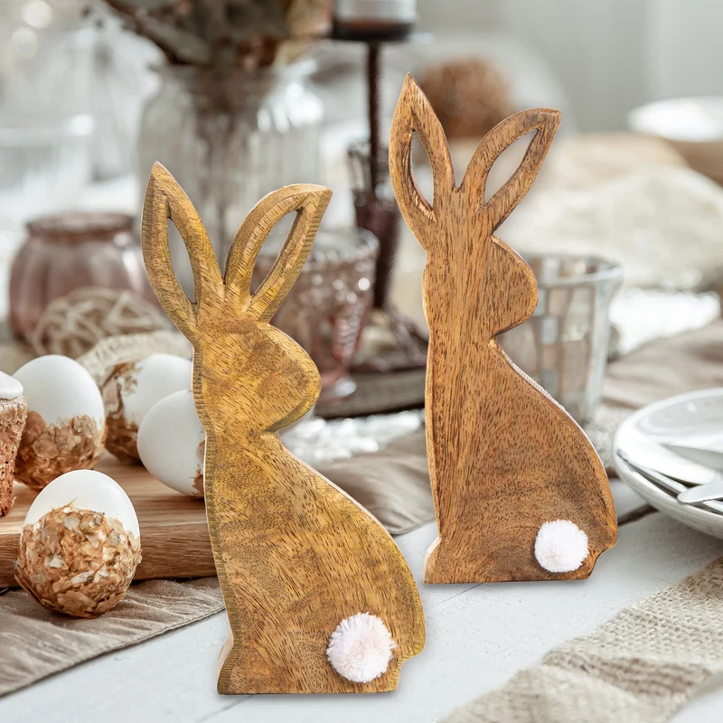 2 Holzhasen braun mit Puschel - Osterhasen Figuren zum Hinstellen