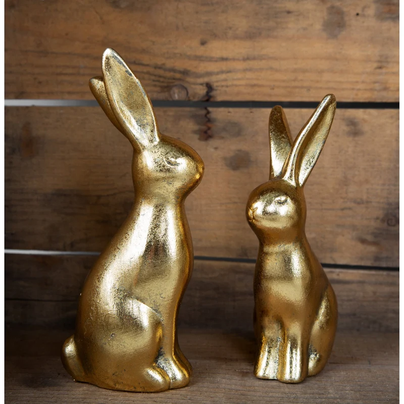 2 Osterhasen Figuren aus Keramik Gold Shabby Vintage - Dekohasen zum Hinstellen