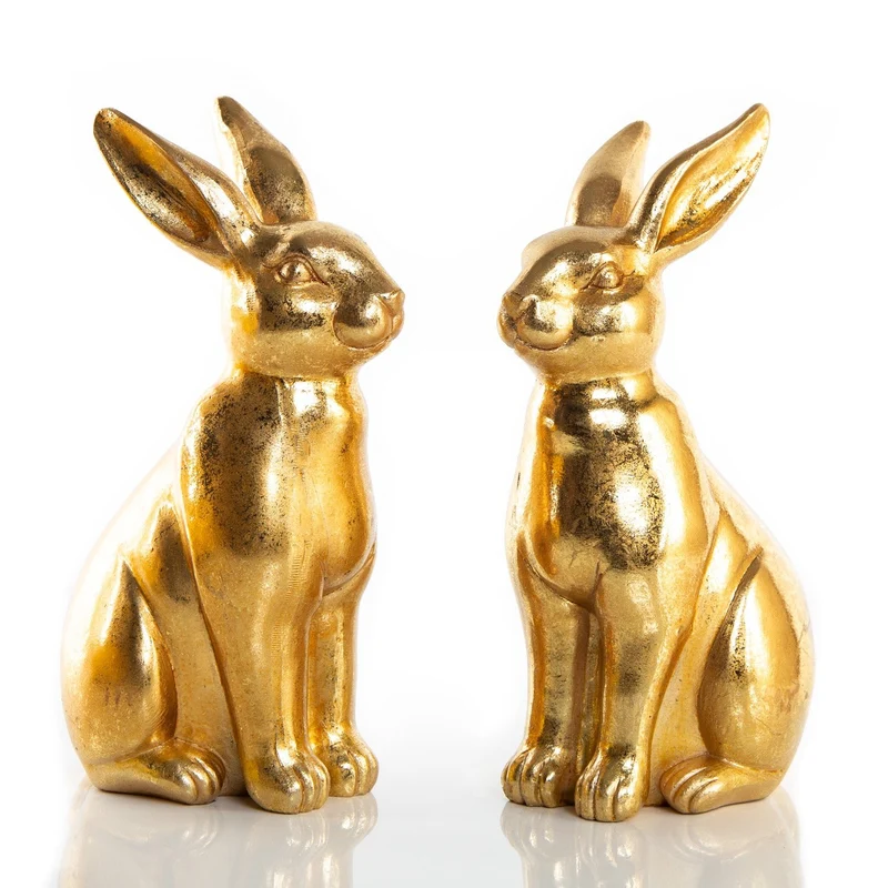 2 goldfarbene Osterhasen Figuren aus Keramik 22 cm