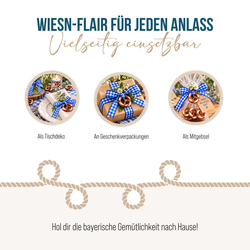 24 Brezel-Geschenkanhänger mit blau-weiß kariertem Stoffband