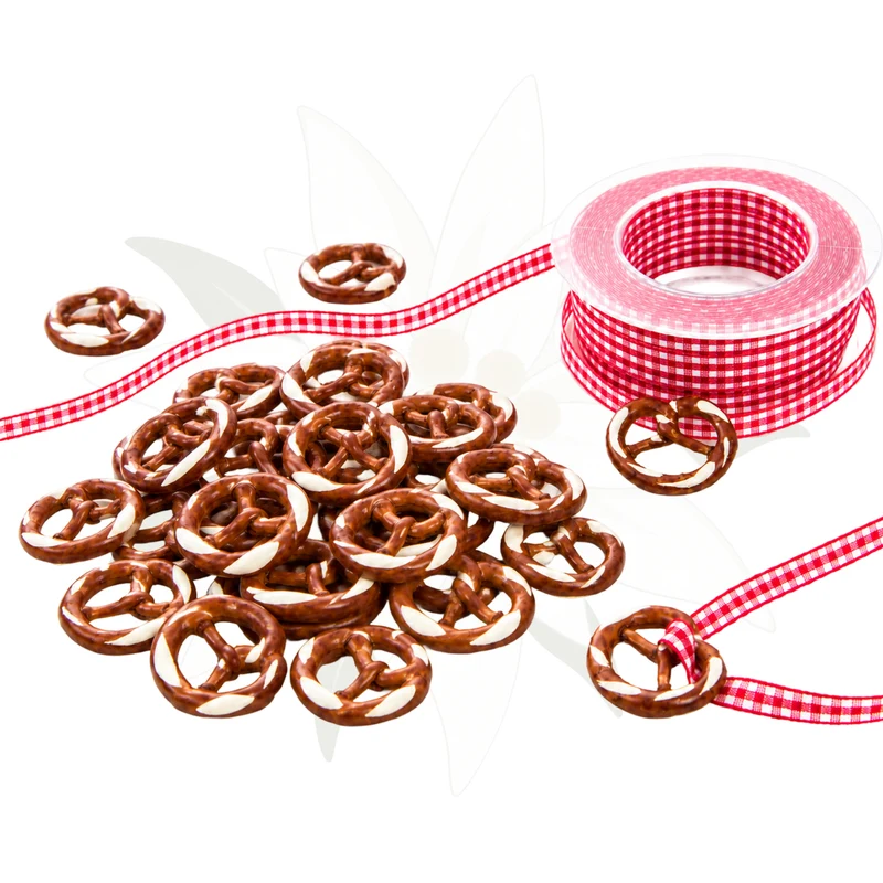 Logbuch-Verlag 24 Brezel Geschenkanhänger bayerische Deko Trachtenschmuck Halskette Anhänger BREZE + rot weiß kariertes Stoff Band Bayern Oktoberfest