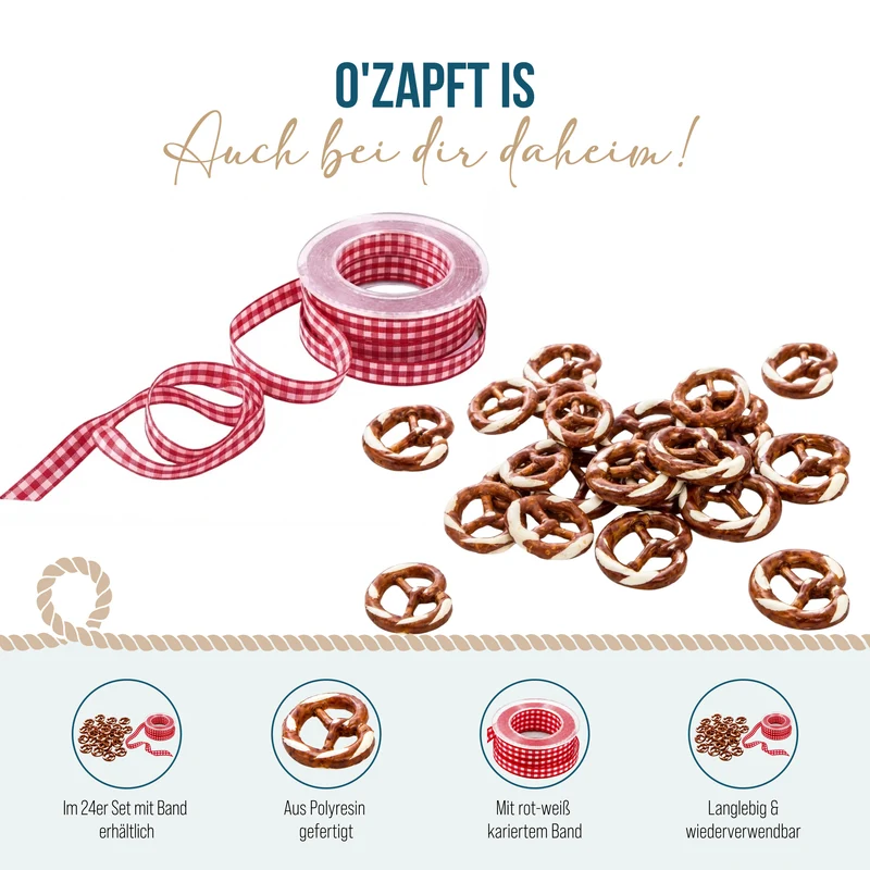 Logbuch-Verlag 24 Brezel Geschenkanhänger bayerische Deko Trachtenschmuck Halskette Halsschmuck BREZE + rot weiße Baumwoll Kordel Bayern Oktoberfest