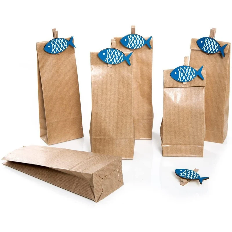 6 Stück kleine braune Papiertüten 7 x 4 x 20,5 cm + 6 maritime blau weiße Fisch-Klammern Zierklammern Deko-Klammern mit 5 x 2,7 cm Geschenktüten Tütchen für give-aways Kommunion