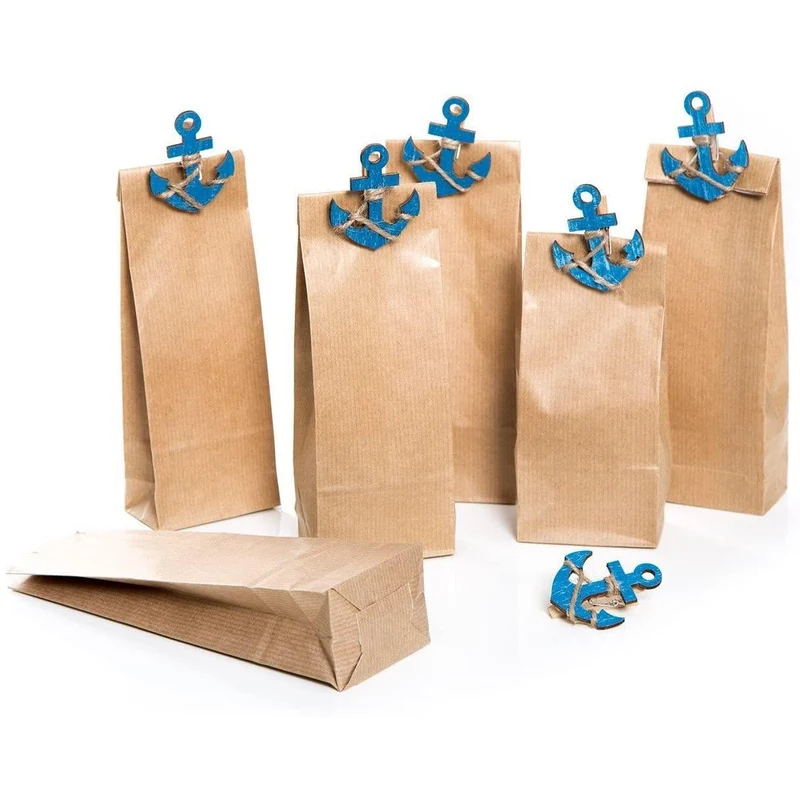 6 Stück kleine braune Papiertüten 7 x 4 x 20,5 cm + 6 maritime blau weiße Fisch-Klammern Zierklammern Deko-Klammern mit 5 x 2,7 cm Geschenktüten Tütchen für give-aways Kommunion