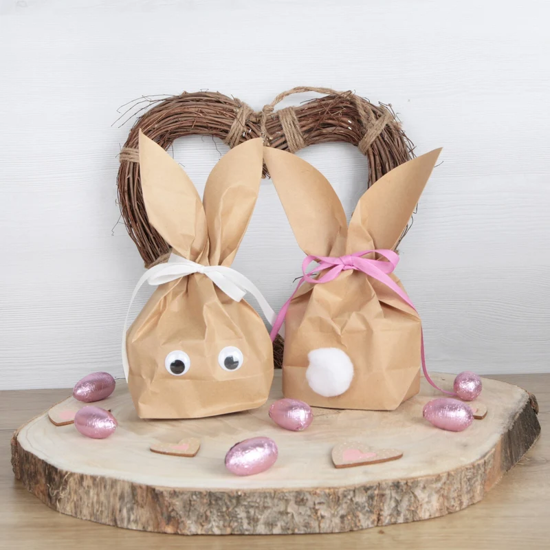5 Stück braune natürlich lustige Osterhasen Hasen Papiertüten + pink rosa Baumwollband – Alternative zum Osternest f. Kinder + Erwachsene give-away Mitgebsel Verpackung Geschenke zu Ostern