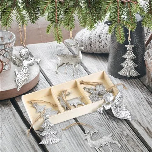 9 silberfarbene Weihnachtsanhänger Baum + Hirsch + Engel - shabby chic