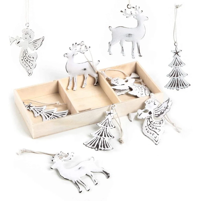 9 Metall Weihnachtsanhänger Baum + Hirsch + Engel - weiß Shabby chic