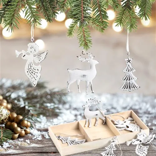 9 Metall Weihnachtsanhänger Baum + Hirsch + Engel - weiß Shabby chic