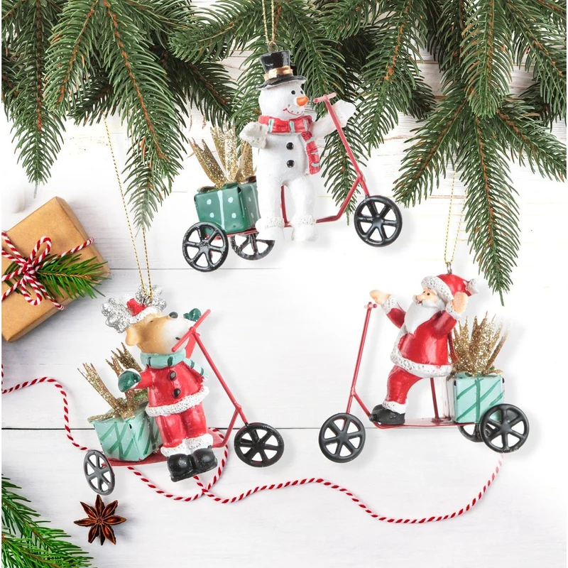 3 Weihnachtsanhänger - Schneemann + Rentier + Weihnachtsmann auf Roller