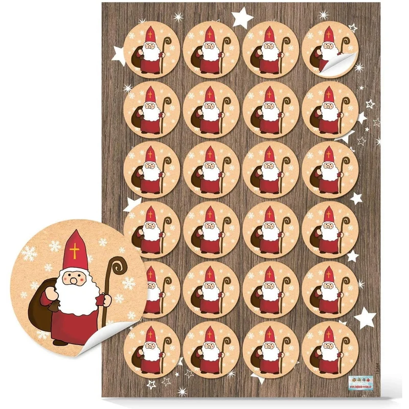 Logbuch-Verlag 48 kleine Nikolaus Aufkleber beige rot weiß - rund 4 cm - Nikolausaufkleber Weihnachtsmann Sticker als Verzierung für Nikolausgeschenke