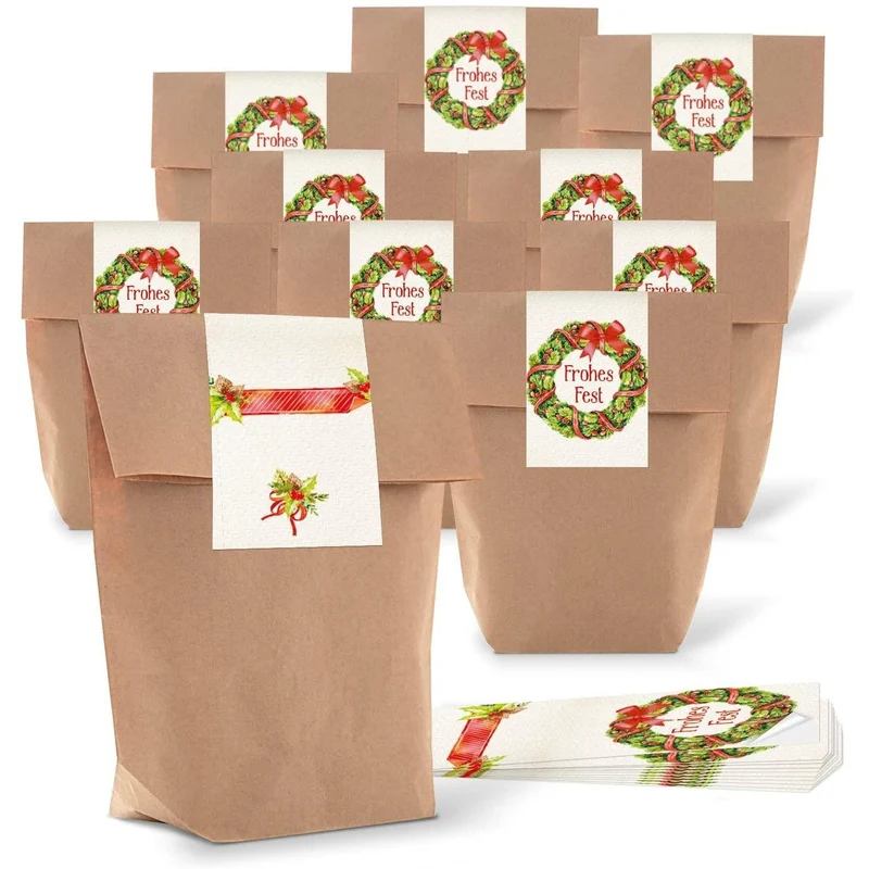 Kraftpapiertüten mit Boden 16,5 x 26 x 6,5 cm mit Aufkleber „Frohes Fest“ rot-grün