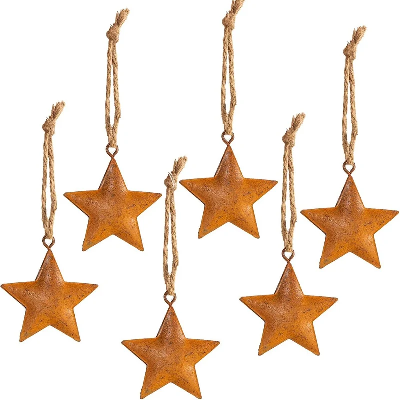 6 vintage Metallanhänger Sterne rostbraun - Weihnachtsbaum aus Metall 4 cm