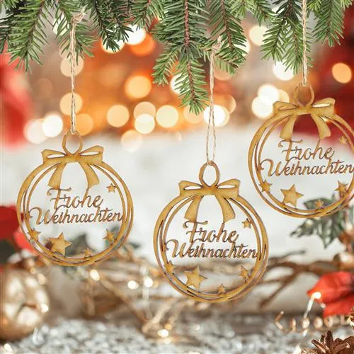 5 Weihnachtsanhänger aus Holz mit Text Frohe Weihnachten 9 cm