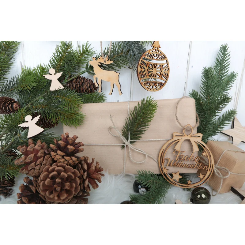 5 Weihnachtsanhänger aus Holz mit Text Frohe Weihnachten 9 cm