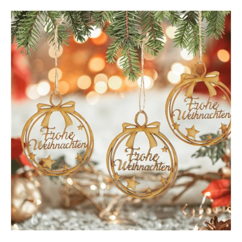 5 Weihnachtsanhänger aus Holz mit Text Frohe Weihnachten 9 cm