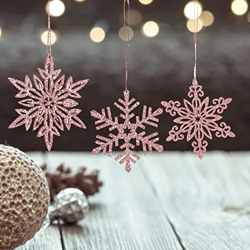 6 rosa glitzernde Eiskristalle zum Aufhängen aus Holz - 9 cm