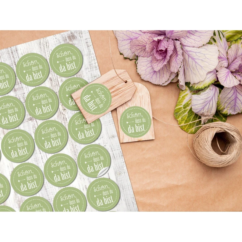 24 runde Aufkleber SCHÖN DASS DU DA BIST pistazie weiß grün hellgrün lindgrün maigrün 4 cm Etiketten Hochzeit Taufe Kommunion Geburtstag Gastgeschenke give-away Deko Geschenke Verpackung