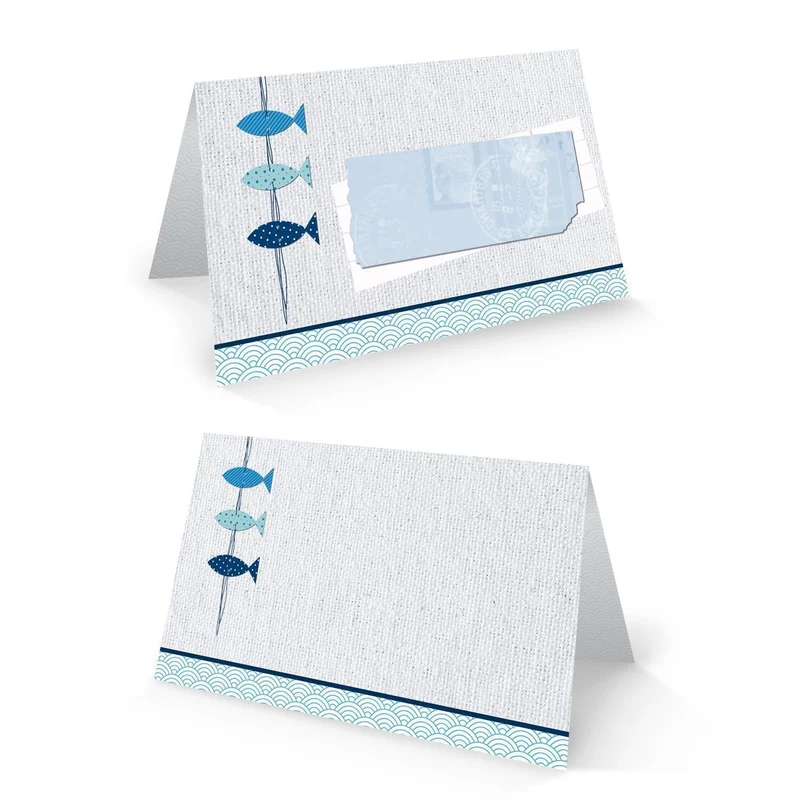 Tischkarten maritim mit drei Fischen blau-weiß 8,5 × 5,5 cm für Taufe und Kommunion