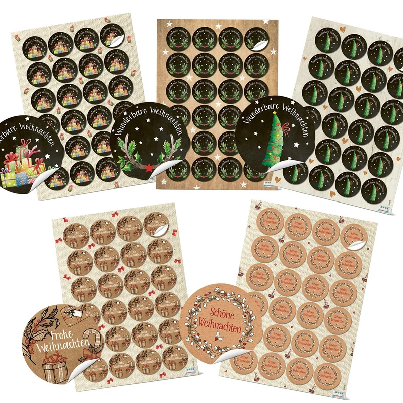 Weihnachtsaufkleber SET 5 x 24 weihnachtliche Sticker 4 cm rund Frohe Weihnachten