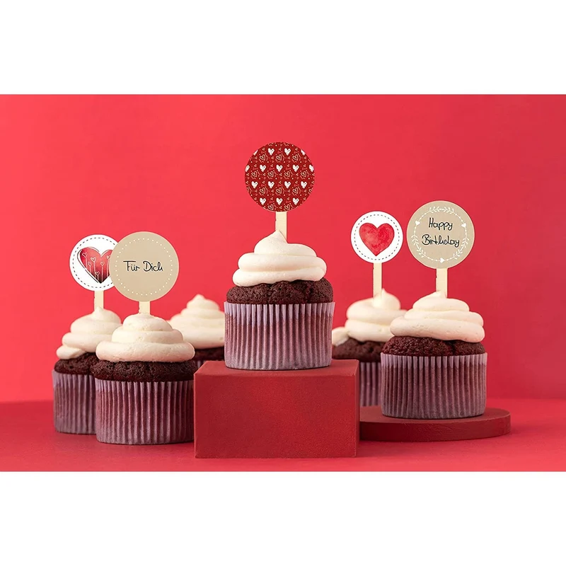12 kleine Caketopper für Cupcakes, Muffins, kleine Kuchen - 9 cm aus Holz