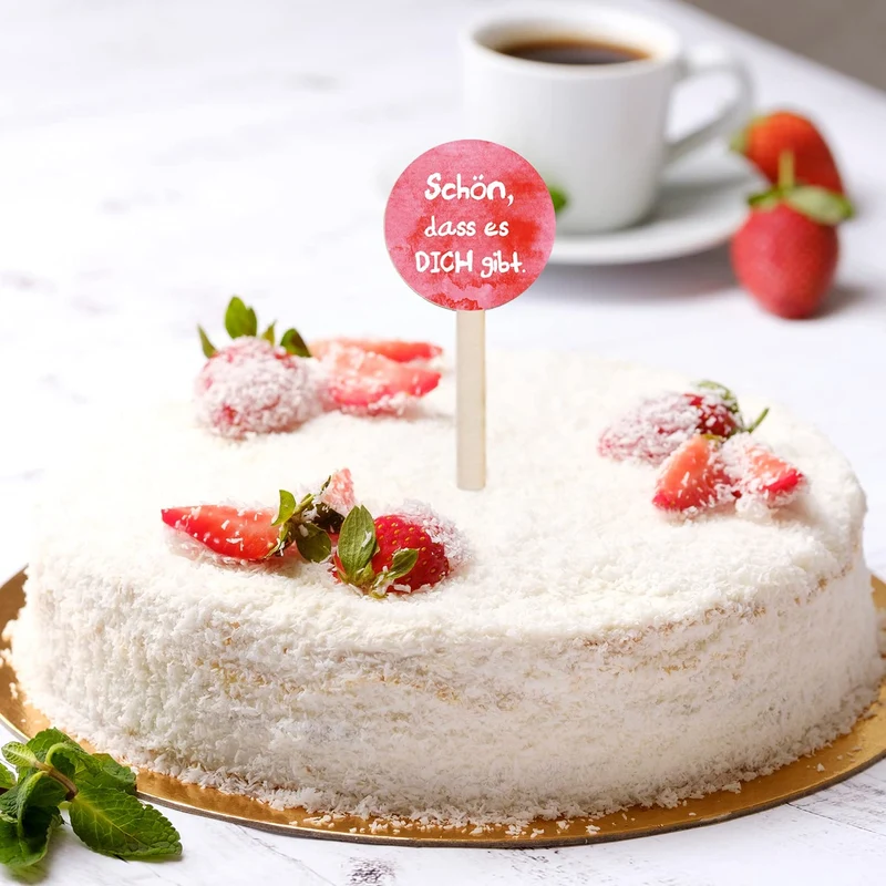 12 kleine Caketopper für Cupcakes, Muffins, kleine Kuchen - 9 cm aus Holz